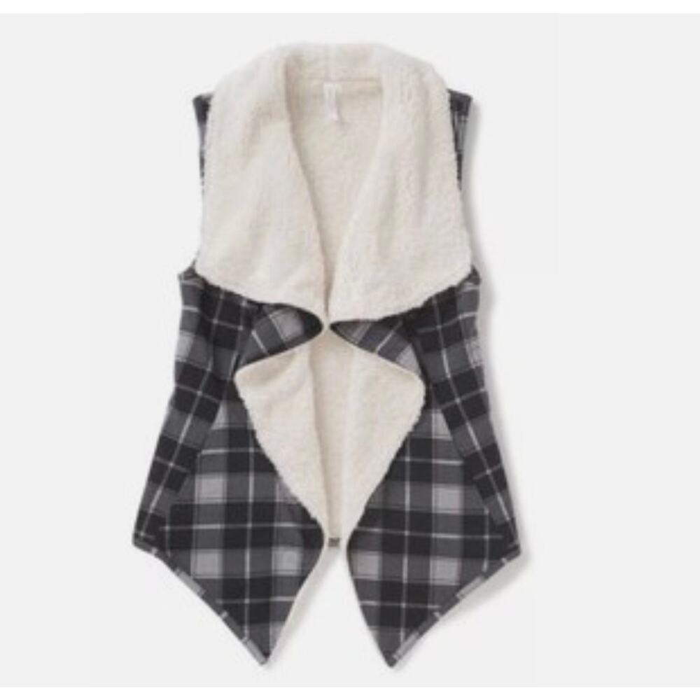 NWT Matilda Jane Plaid Faux Fur Lined Open Front Reversible Vest Gray Small‎